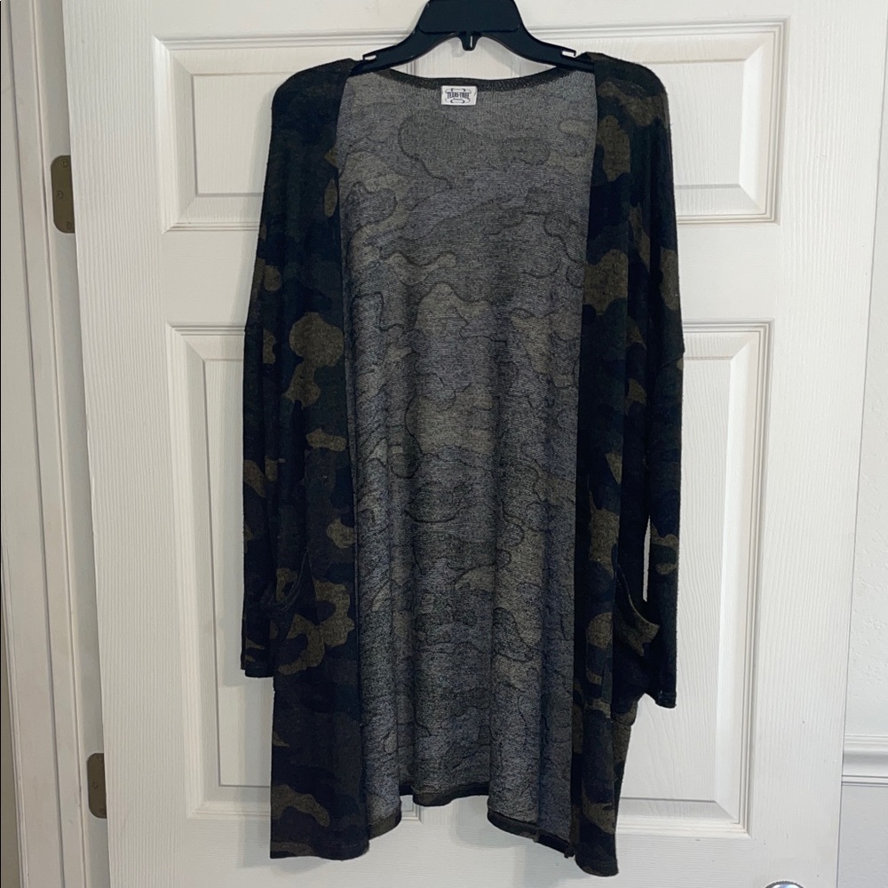 Lightweight Camo Open-Front Cardigan - Olive/Black XL